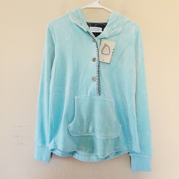 Carve Designs Size L Blue Soft Velvet Henley Button Front Hoodie Organic Cotton - Picture 1 of 7
